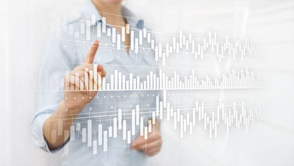 Candles chart diagram graph stock trading investment business finance concept mixed media double exposure virtual screen.