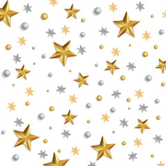 Greeting card, invitation with happy New year 2020 and Christmas. Metallic gold stars, decoration, shimmeringon a white background. Vector Illustration