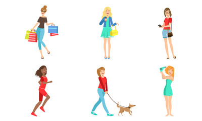 Young Women Daily Activities Set, Girls Shopping, Doing Sports, Walking with Dog, Drying Hair Vector Illustration
