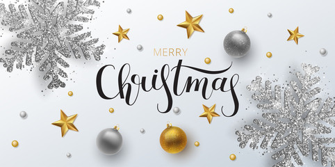 Fototapeta na wymiar Christmas greeting card, web banner, vector background. Gold and silver Christmas ball and stars, with an ornament and spangles. Metallic gold and silver Christmas snowflake. Vector illustration