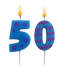 Burning colorful birthday candles on white background, number 50