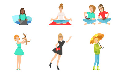 Fototapeta na wymiar Young Women Daily Routines Set, Girls Working with Laptop, Meditating, Playing Computer Games, Playing with Dog, Working with Umbrella Vector Illustration