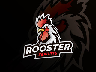 Rooster mascot sport logo design. Chicken rooster head mascot. Chicken head emblem design for eSports team. Vector illustration