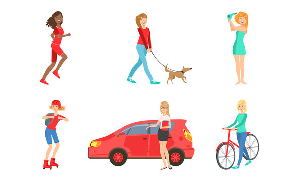 Young Women Daily Activities Set, Girls Shopping, Doing Sports, Walking with Dog, Drying Hair, Girl Rollerblading, Riding Bicycle, Driving Car Vector Illustration