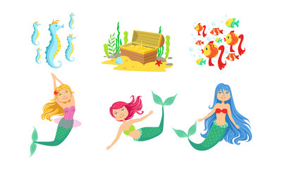 Cute Little Mermaids and Underwater World Elements Set, Fairytale Princess, Chest of Gold, Seahorses, Fishes Vector Illustration