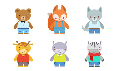 Cute Baby Animals Set, Bear, Fox, Wolf, Giraffe, Hippo, Zebra, Rabbit Vector Illustration