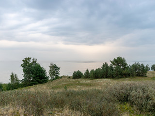 white dune sand, scanty plants, sand textures, beautiful blue skieslandscape with sand dune shore, Curonian Spit, Nida ,Lithuania.  Baltic dunes, UNESCO heritage