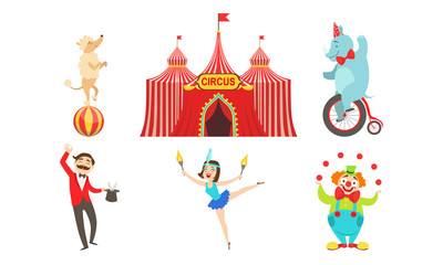 Circus Performers Characters Set, Marquee, Magician, Acrobat, Clown, Circus Animals, Horse, Poodle Dog, Elephant Vector Illustration
