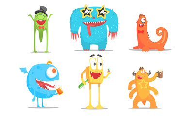 Cute Cartoon Monsters Characters Set, Funny Party Design Elements Vector Illustration