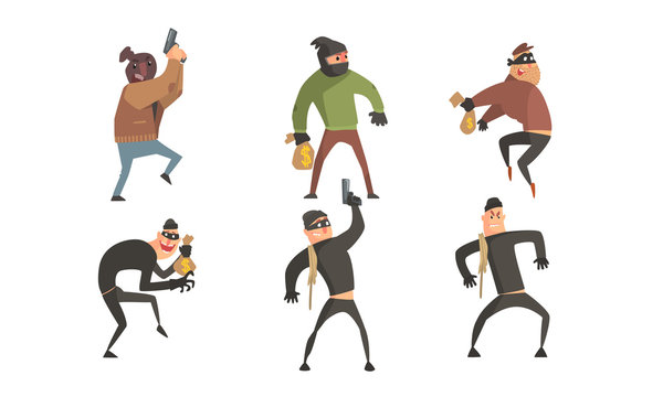 Criminals Characters Set, Masked Robbers Holding Guns and Money Sacks Vector Illustration