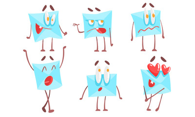 Funny Paper Envelopes Characters Set, Letter with Various Emotions Cartoon Vector Illustration