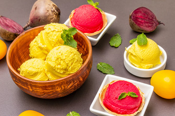 Assorted of beet and tomato ice cream, sorbet, gelato