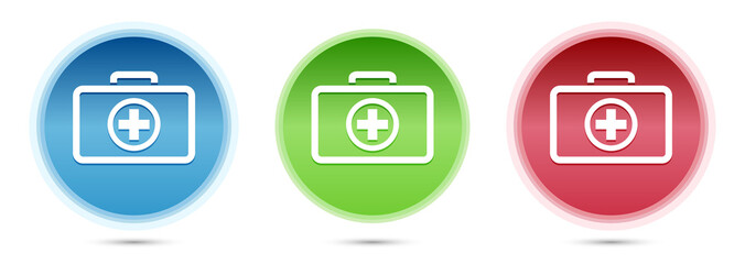 First aid kit icon glass round buttons set illustration