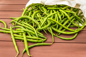 The cowpea (Vigna unguiculata). Fresh long beans in reusable shopping cotton bag