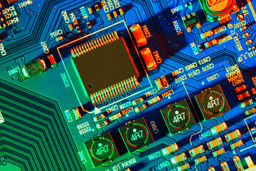 Electronic circuit board close up.