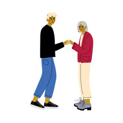 Old Mother Holding Hands Her Adult Son, Happy Family Concept Vector Illustration