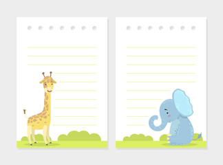 Set of Lined Cards, Notes, Tags, Stickers or Labels with Cute Hedgehog and Fox Animals Vector Illustration © topvectors