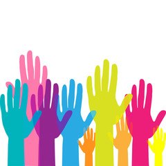 Colorful up hands. Raised hands volunteering. team work concept. Vector illustration