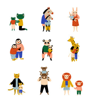Animals Parents and Their Kids Set, Loving Mothhers and Fathers with Adorable Children Humanized Characters Vector Illustration