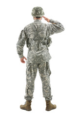 Fototapeta na wymiar Saluting soldier on white background, back view
