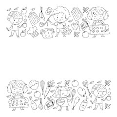 Healthy food and cooking. Fruits, vegetables, household. Doodle vector set.