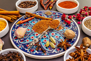 Ingredients for preparation oriental spice Ras el Hanout