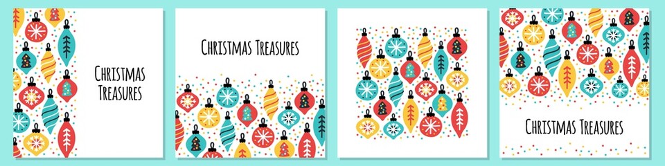 Cute set of Christmas Treasures backgrounds with hand drawn Christmas balls