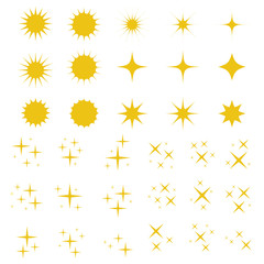 Yellow or gold stars sparkle icon vector collection. Bright firework, decoration twinkle, shiny flash. Glowing light effect 