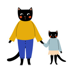Mother Cat and her Kitten Standing and Holding Hands, Loving Parent Animal and Adorable Child Humanized Characters Vector Illustration