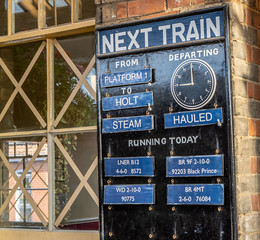 The vintage &ldquo;next train&rdquo; board used at Sheringham train station during the annual forties weekend