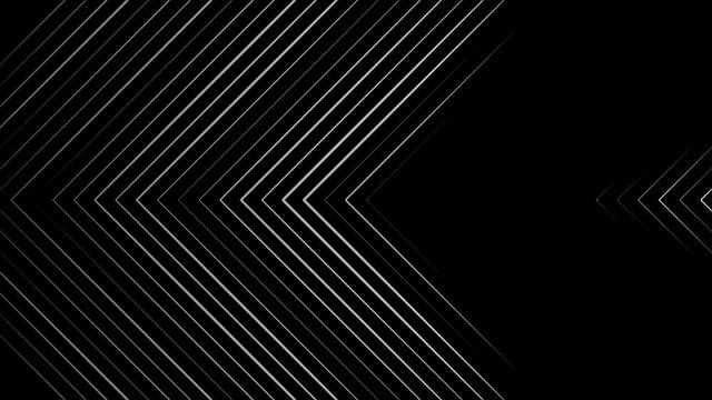 White moving arrows formed by crossed narrow lines on black background, seamless loop. Animation. Crossed rays at an acute angle pointing to the left and to the right, monochrome.