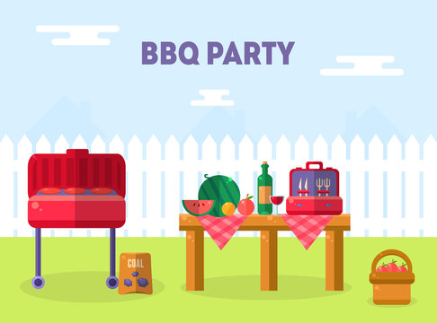 Bbq Party Banner Template, Outdoor Picnic Elements, Barbecue Invitation Card, Food Flyer Vector Illustration