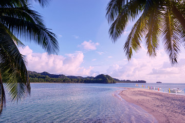 Vacation on Siargao Island. Beautiful landscape with white sand tropical beach.