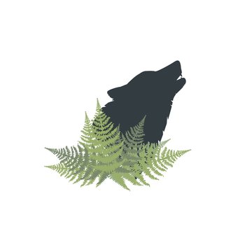wolf profile and fern leaves