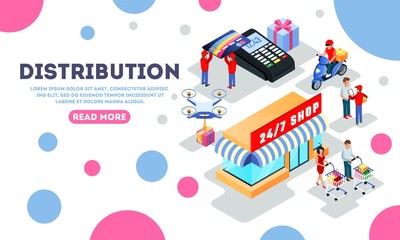 Distribution, dispatch, delivery, making purchases landing page template with 24 7 shop, customers, clients, courier, motor scooter driver, flying quadrocopter, POS machine, bank card Isometric vector