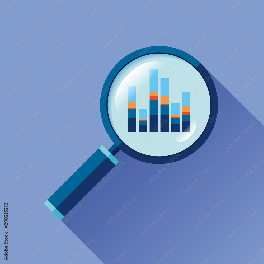 Poster magnifying glass icon in flat style. search loupe on color background. business analytic charts illu