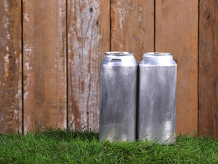 aluminum cans with beer on the grass