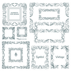 Vector set of calligraphic elements for design. Square, rectangle, section, module, template for logo, monogram, frames, boxes, vignette. Ornate elements consisting of branches, leaves, flowers, ivy