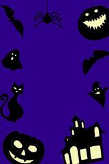 Halloween paper decorations - bats, ghosts, pumpkins. Halloween frame, copy space. Composites on purple background