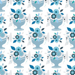 Vector endless seamless pattern. Illustration of stylized vase with flowers. Flat style flowers, leaves, petals. Elements for design isolated on white background