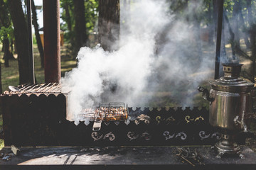 Barbecue with a samovar and grilled meat in nature