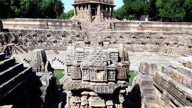 Sun Temple view raised from the stone carvings on from the edge of the stepwell