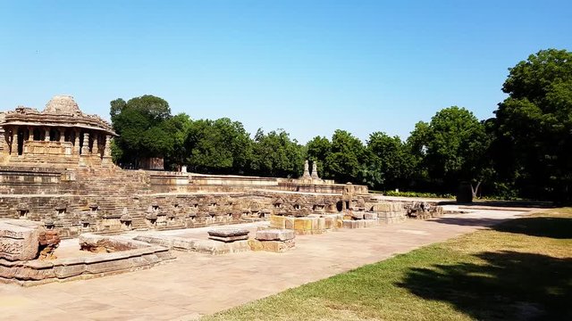 panoramic view of Sun Temple, Modhera with Sun Kund (water reservoir) in the front