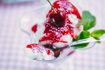 Vanilla ice cream with berry sauce and mint