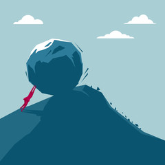 Businessman pushes a huge stone. Isolated on blue background. © fandijki