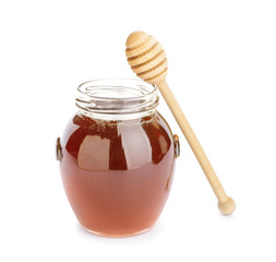 Jar of sweet honey on white background