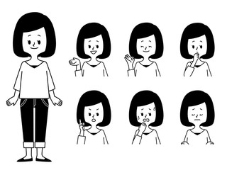 女性-表情セット-白黒