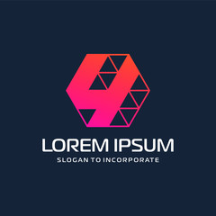 Number 4 four and hexagon logo design. technology digital with colorful triangle. construction software concept- Vector