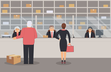 Interior of post office, office workers, people, postal scales, parcels, barrier, shelving, customers, elegant serve counter,boxes,vector illustration