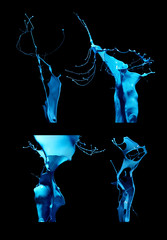 Collection splash of blue paint isolated on black background